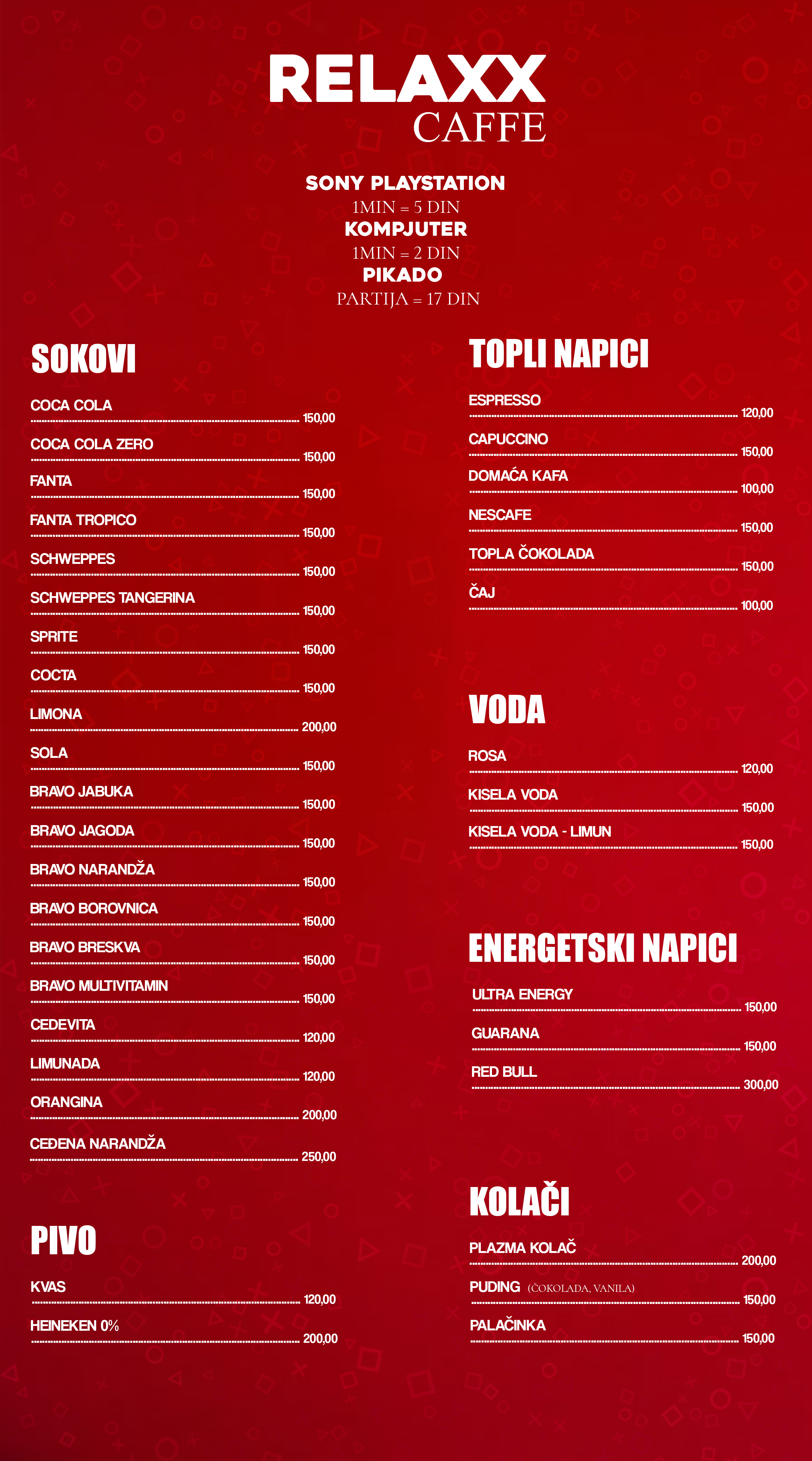 Relax Caffe Menu